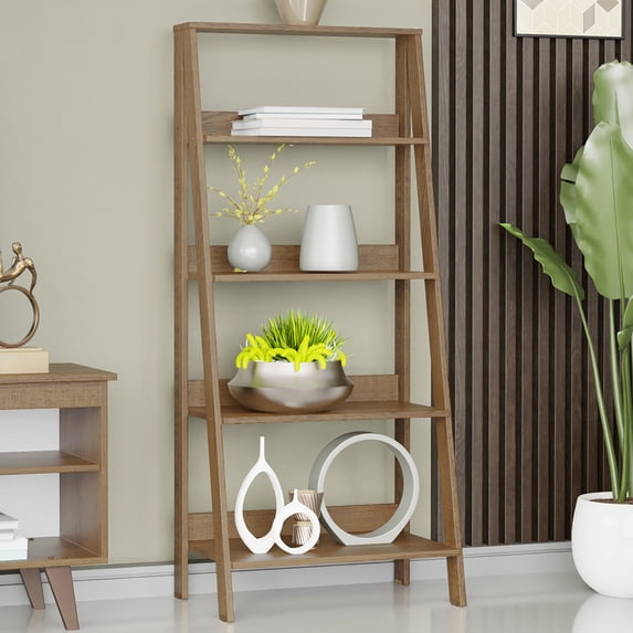 Madesa Modern 5-Tier Ladder Shelf Pantry Storage Space 24 Inch Wooden Free Standing Bookshelf Utility Shelves for Home Office Study Room and Kitchen - Rustic
