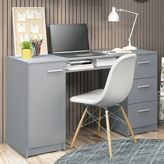Madesa Modern Office Desk with Drawers 53 inch, Study Desk for Home Office, PC Table with 3 Drawers, 1 Door and 1 Storage Shelf (Grey)