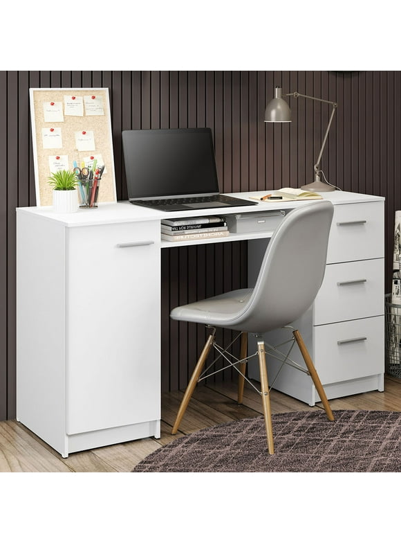 Madesa Modern Office Desk with Drawers 53 inch, Study Desk for Home Office, PC Table with 3 Drawers, 1 Door and 1 Storage Shelf (White)
