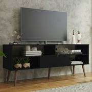 Madesa Modern TV Stand with 1 Door and 4 Shelves with Cable MANAGEMENT for 55, 65 Inch Media Storage Media Console Living Room and Bedroom Entertainment Center Wooden Television Cabinet - Black