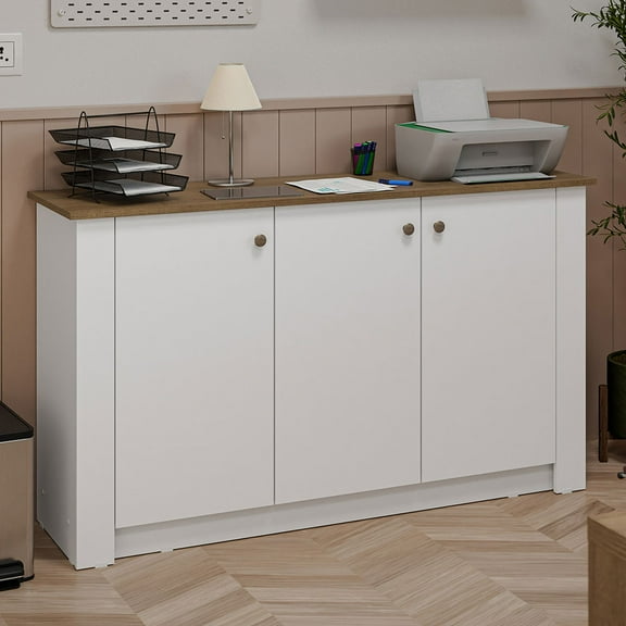 Madesa Office Storage Cabinet with 3 Doors Wooden Organization Unit for Office Supplies, Documents, and Printers Perfect for Home Office or Workspace White
