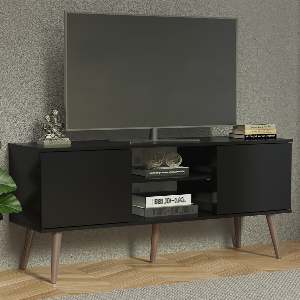 Madesa TV Stand Console with 2 Doors and 2 Shelves with Cable Management for 50, 55 Inch Media Storage Media Console Office Entertainment Center Wooden Television Cabinet - Black
