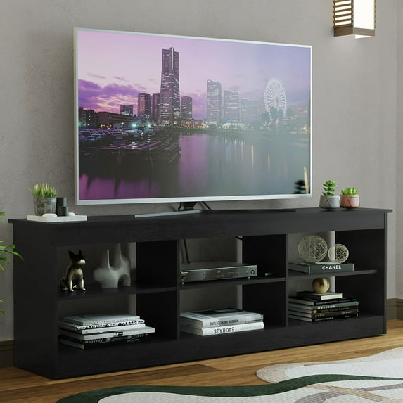 Madesa TV Stand Entertainment Center TV Bench with 6 Open Shelves Easy Cable Management for 65, 75 Inch Living Room and Bedroom Modern Wooden Television Media Console - Black