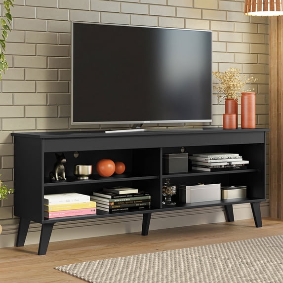 Madesa TV Stand Unit with 4 Shelves and Cable Management for 55, 65 Inch Media 1 Storage Gaming Media Console Living Room and Bedroom Entertainment Center Modern Wooden Television Cabinet - Black