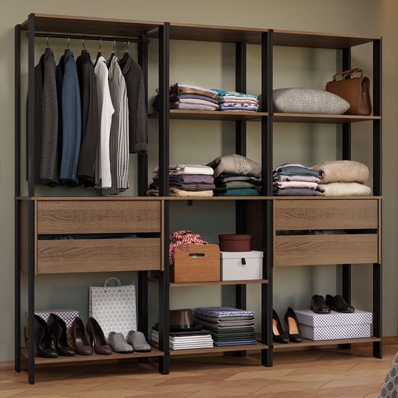 Madesa Wardrobe Clothes Storage Rack with 4 Drawers, Open Shelves and Hanging Space 78"L Multiuse Modular Cabinet for Bedroom Organization - Black/Brown