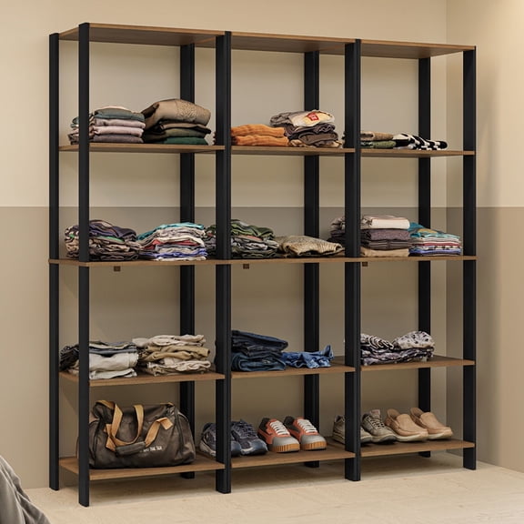 Madesa Wardrobe Clothes Storage Rack with 15 Open Shelves 70"L Multiuse Modular Cabinet for Bedroom Organization - Black/Brown