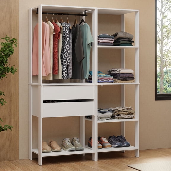 Madesa Wardrobe Clothes Storage Rack with 2 Drawers, 7 Shelves and Hanging Space 51"L Multiuse Modular Cabinet for Bedroom Organization - White