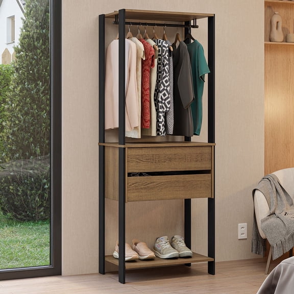 Madesa Wardrobe Clothes Storage Rack with 2 Drawers and Hanging Space 27"L Multiuse Cabinet for Bedroom Organization- Black/Brown