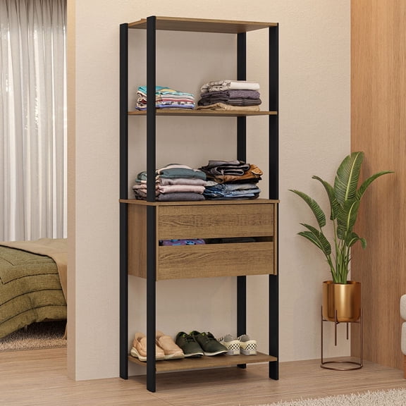 Madesa Wardrobe Clothes Storage Rack with 2 Drawers and Open Shelves 27"L Multiuse Cabinet for Bedroom Organization - Black/Brown