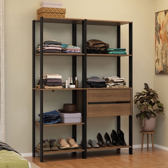 Madesa Wardrobe Clothes Storage Rack with 2 Drawers and Open Shelves 51"L Multiuse Modular Cabinet for Bedroom Organization - Black/Brown