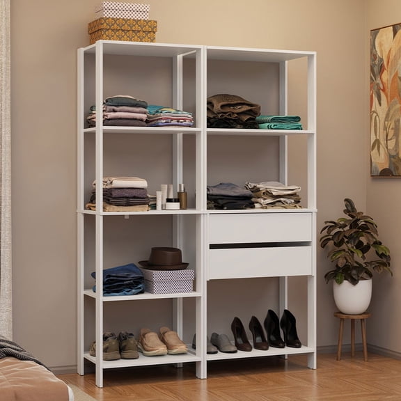 Madesa Wardrobe Clothes Storage Rack with 2 Drawers and Open Shelves 51"L Multiuse Modular Cabinet for Bedroom Organization - White