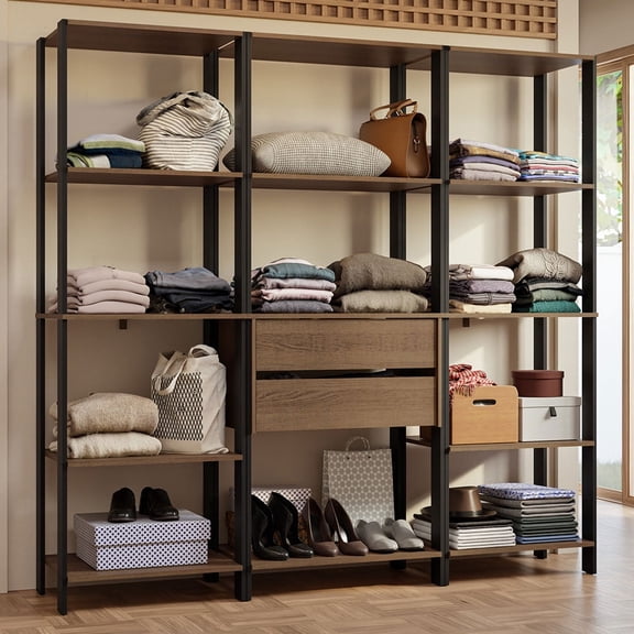 Madesa Wardrobe Clothes Storage Rack with 2 Drawers and Open Shelves 74"L Multiuse Modular Cabinet for Bedroom Organization - Black/Brown