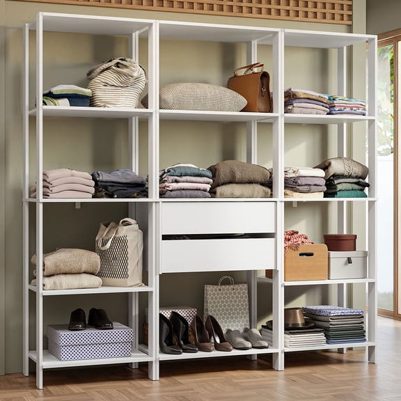 Madesa Wardrobe Clothes Storage Rack with 2 Drawers and Open Shelves 74"L Multiuse Modular Cabinet for Bedroom Organization - White