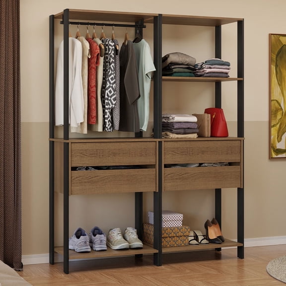 Madesa Wardrobe Clothes Storage Rack with 4 Drawers, 5 Shelves and Hanging Space 55"L Multiuse Modular Cabinet for Bedroom Organization - Black/Brown