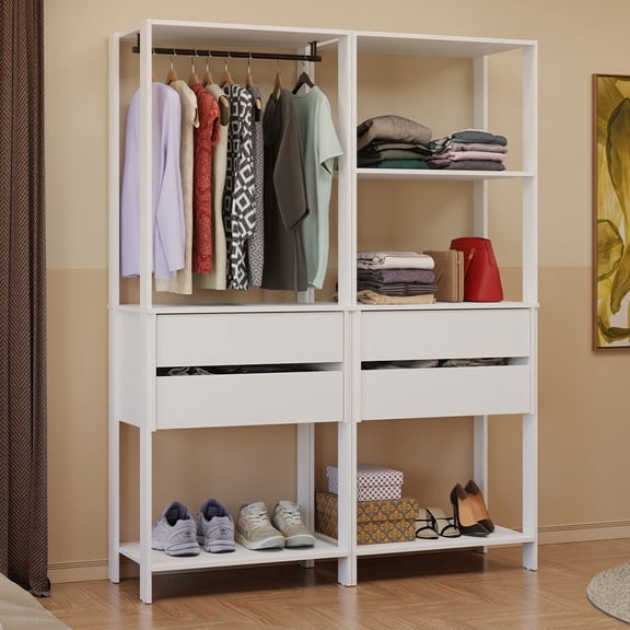 Madesa Wardrobe Clothes Storage Rack with 4 Drawers, 5 Shelves and Hanging Space 55"L Multiuse Modular Cabinet for Bedroom Organization - White