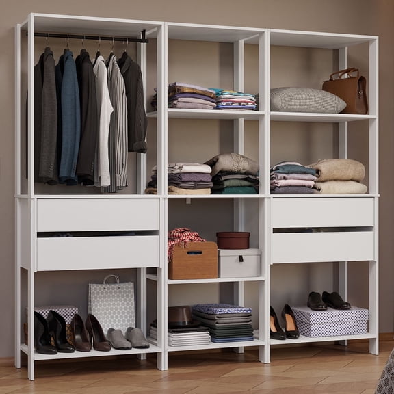 Madesa Wardrobe Clothes Storage Rack with 4 Drawers, Open Shelves and Hanging Space 78"L Multiuse Modular Cabinet for Bedroom Organization - White