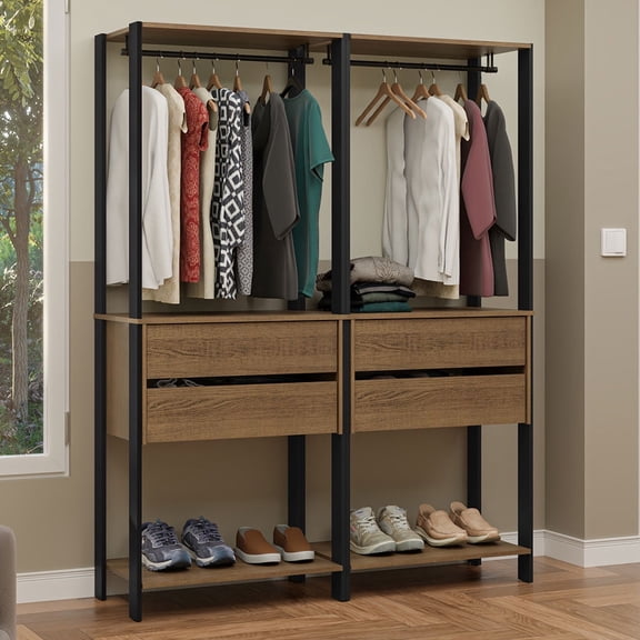 Madesa Wardrobe Clothes Storage Rack with 4 Drawers and Hanging Spaces 55"L Multiuse Modular Cabinet for Bedroom Organization - Black/Brown