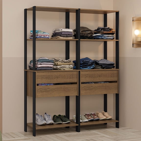 Madesa Wardrobe Clothes Storage Rack with 4 Drawers and Open Shelves 55"L Multiuse Modular Cabinet for Bedroom Organization - Black/Brown
