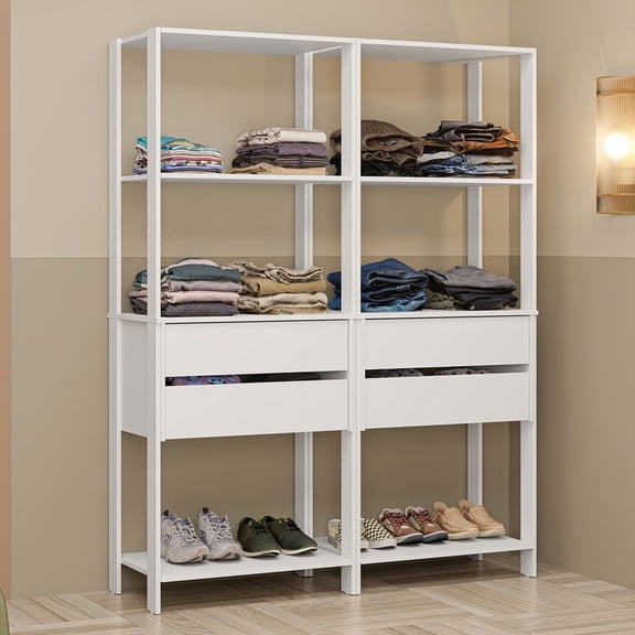 Madesa Wardrobe Clothes Storage Rack with 4 Drawers and Open Shelves 55"L Multiuse Modular Cabinet for Bedroom Organization - White