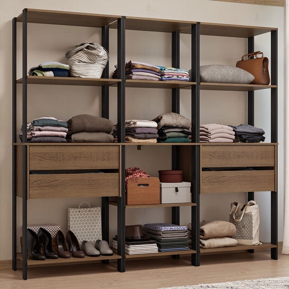 Madesa Wardrobe Clothes Storage Rack with 4 Drawers and Open Shelves 78"L Multiuse Modular Cabinet for Bedroom Organization - Black/Brown