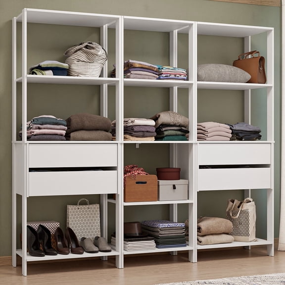 Madesa Wardrobe Clothes Storage Rack with 4 Drawers and Open Shelves 78"L Multiuse Modular Cabinet for Bedroom Organization - White