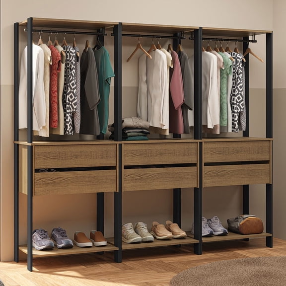 Madesa Wardrobe Clothes Storage Rack with 6 Drawers and Hanging Spaces 82"L Multiuse Modular Cabinet for Bedroom Organization - Black/Brown