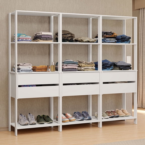 Madesa Wardrobe Clothes Storage Rack with 6 Drawers and Open Shelves 82"L Multiuse Modular Cabinet for Bedroom Organization - White