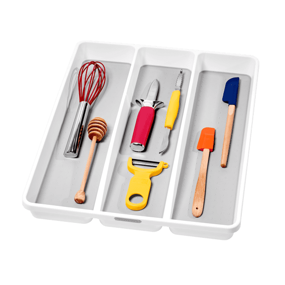 madesmart Large Utensil Tray, 3-Compartment Kitchen Drawer Organizer, Soft-Grip Lining, Non-Slip Feet, BPA-Free, White