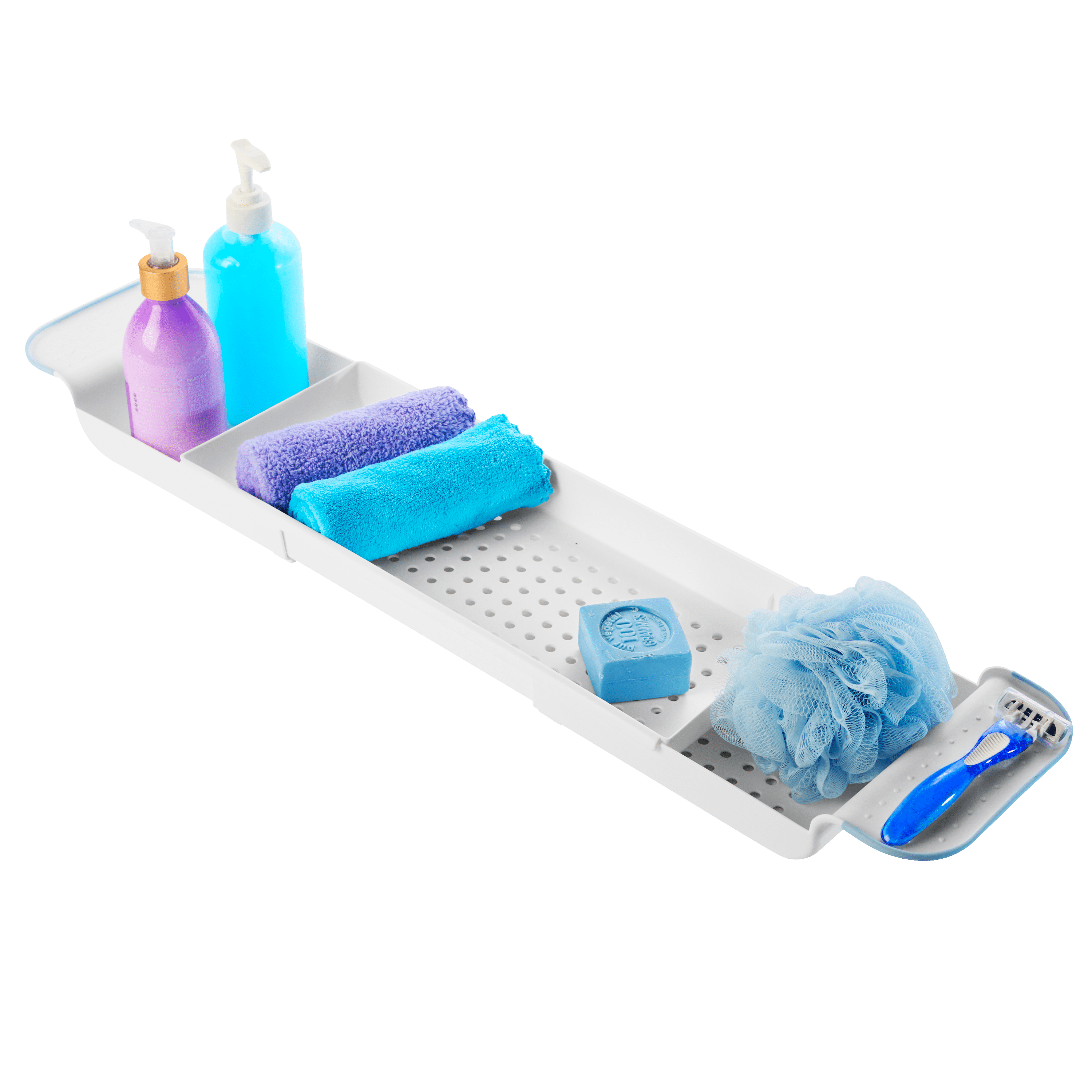 Expandable White and Blue Plastic Bathtub Tray