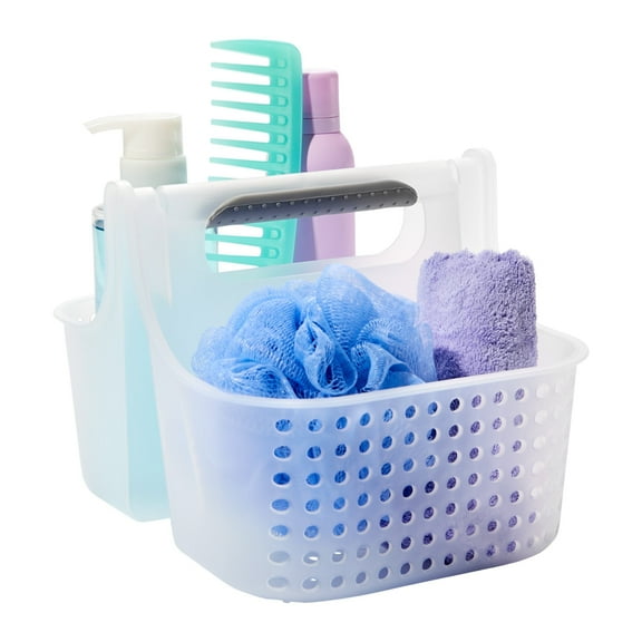 madesmart 2-Compartment Soft Grip Shower Tote for Bathroom Organization, Plastic Storage Shower Caddy Bucket, Small, Frost