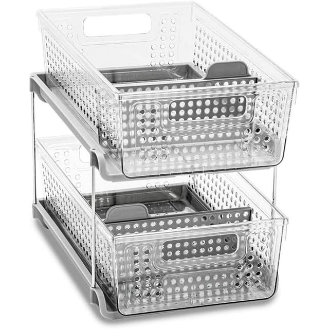 2-Tier Organizer, Multi-Purpose Slide-Out Storage Baskets with Handles and Dividers