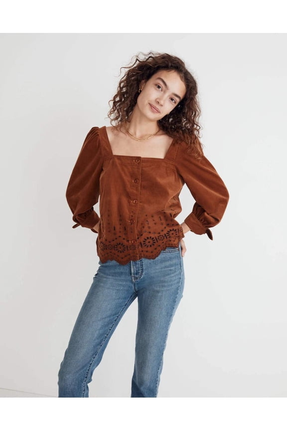 Madewell Top Women's Medium Brown Corduroy Embroidered Eyelet Tie Sleeve ERK977