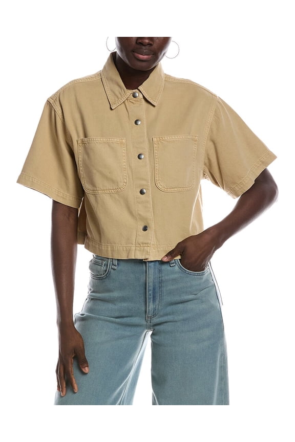womens  Boxy Crop Button Up Shirt, l, Brown