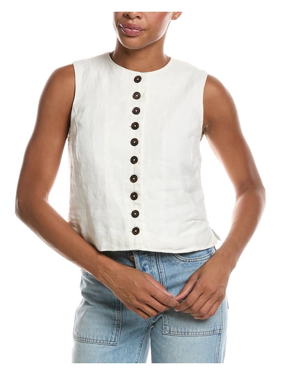 womens Button Front Linen Shell Top, 4, White