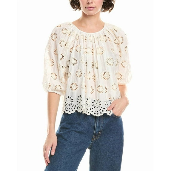 Madewell womens Embroidered Shirred Puff Sleeve Top, XXS, White