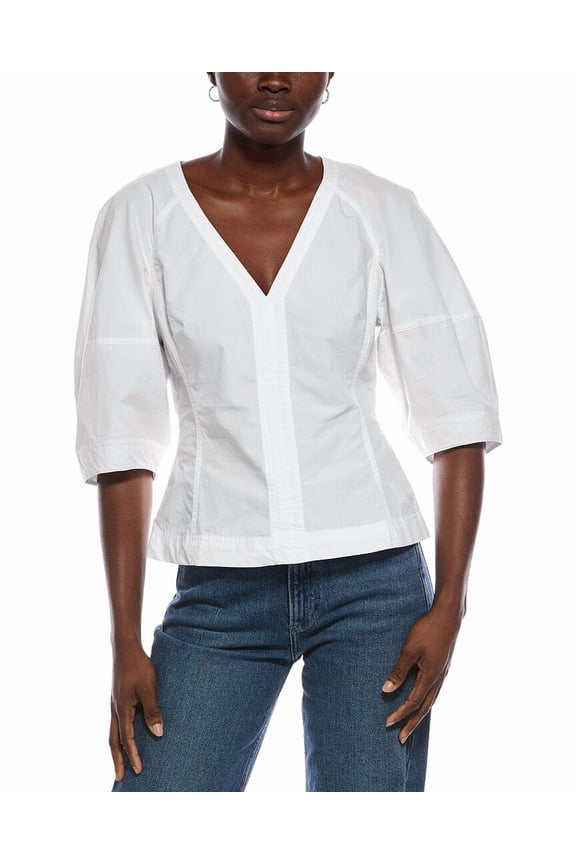 womens Sculptural V-Neck Top, 00, White