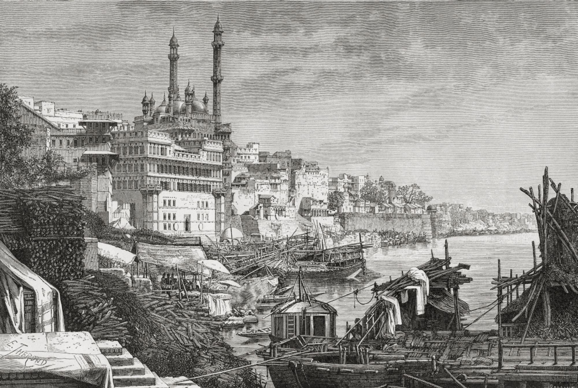 The Madhoray Ghat At The Mosque Of Aurangzeb On The Ganges River Varanasi Uttar Pradesh India In The 19Th Century From El Mundo En La Mano Published 1878 Canvas Art - Ken Welsh Design Pics (17 x 12)