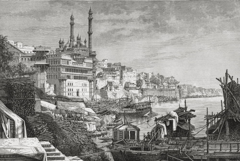 The Madhoray Ghat At The Mosque Of Aurangzeb On The Ganges River Varanasi Uttar Pradesh India In The 19Th Century From El Mundo En La Mano Published 1878 Canvas Art - Ken Welsh Design Pics (34 x 24)