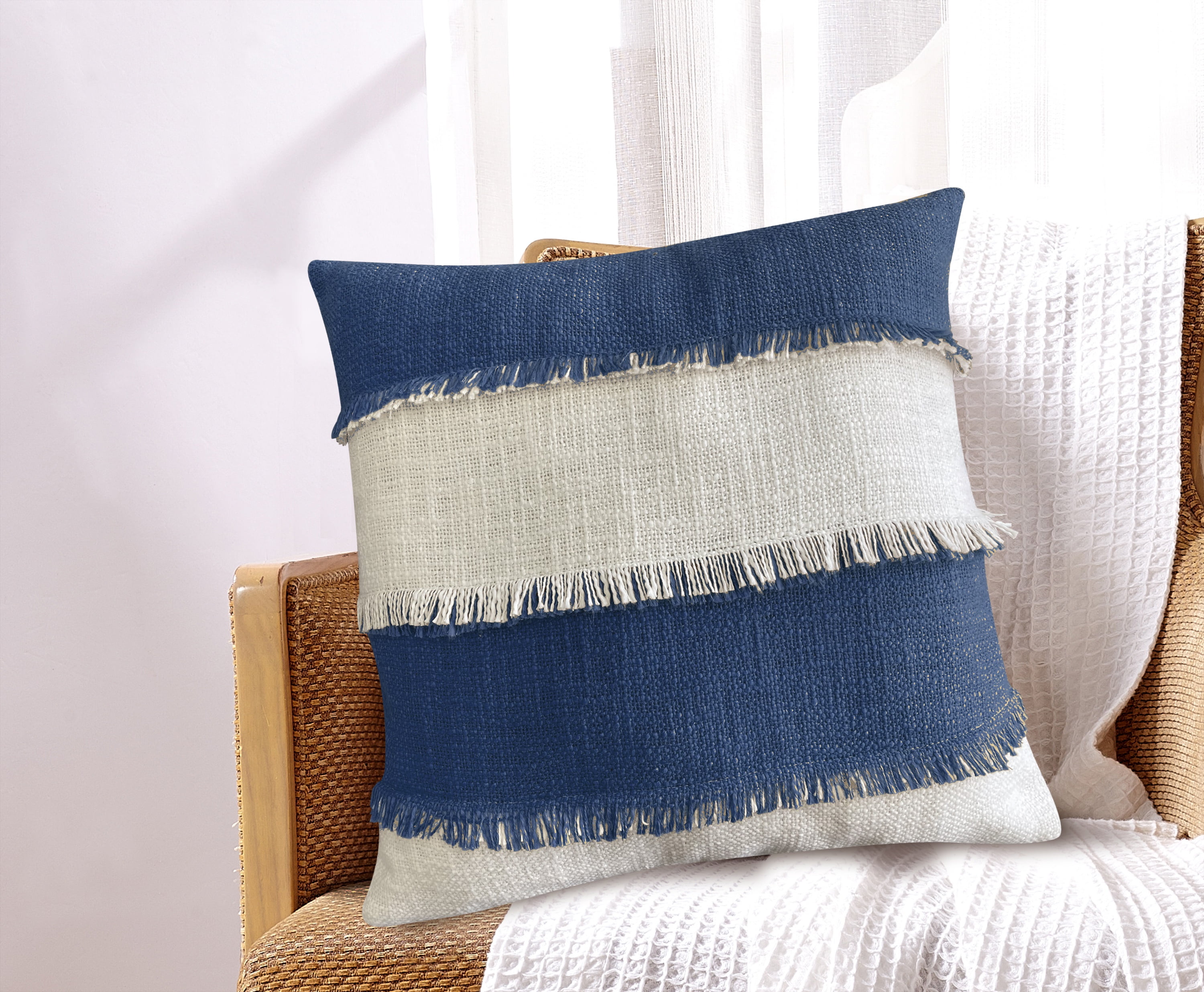 Navy Blue and Off-White Cotton Square Throw Pillow 18x18"