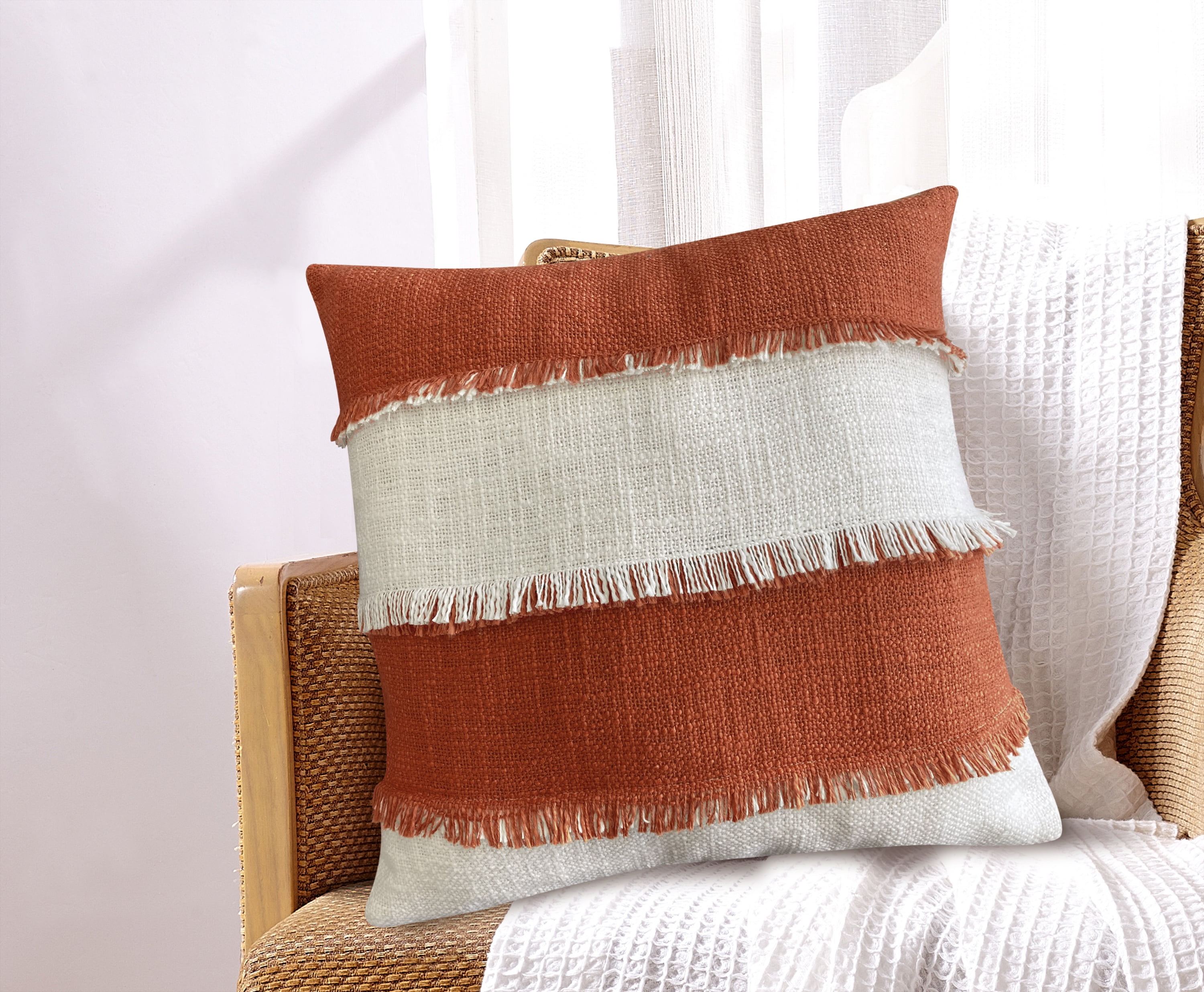 Terra Cotta and White Cotton Fringed Square Throw Pillow