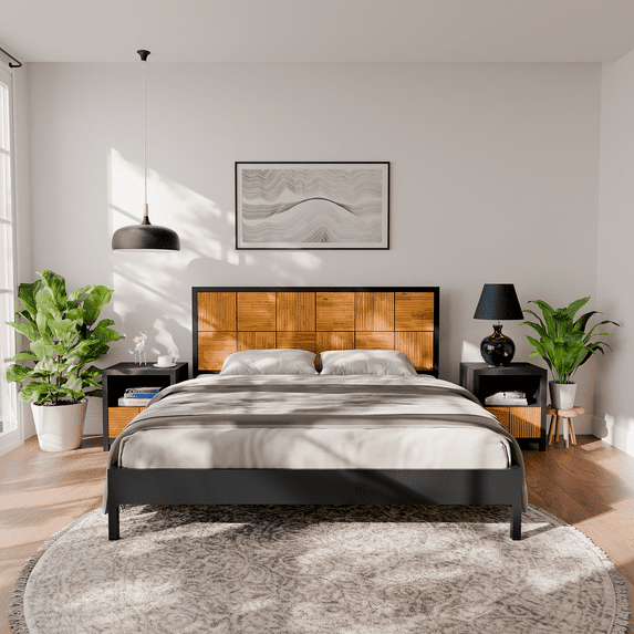 Madia 48" King Bed Frames with Headboard, Platform Bed, Modern Fluted Design, Solid Acacia Wood, Black & Teak Brown