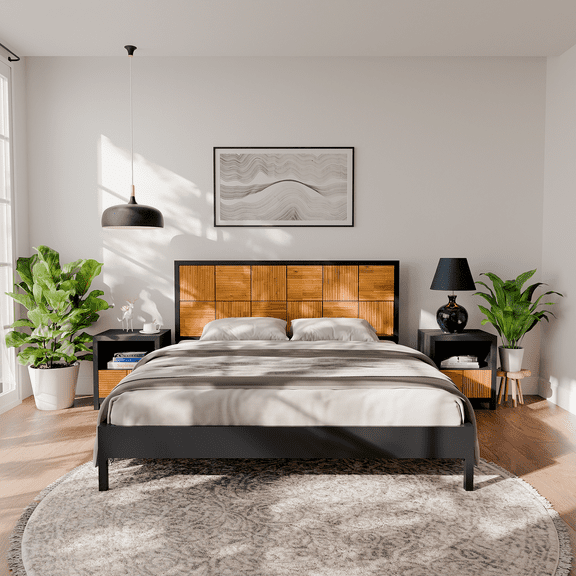 Madia 48" King Bed Frames with Headboard, Platform Bed, Modern Fluted Design, Solid Acacia Wood, Black & Teak Brown