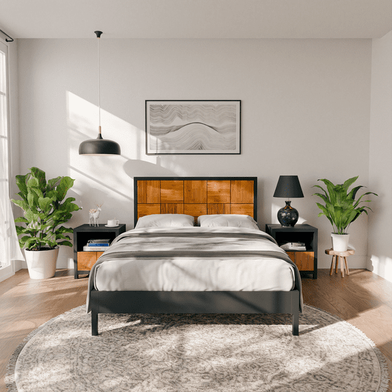 Madia 48" Queen Bed Frames with Headboard, Platform Bed, Modern Fluted Design, Solid Acacia Wood, Black & Teak Brown