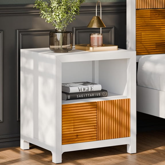 Madia Mid-Century Modern Nightstand, Fully Assembled Acacia Wood Side Table with Unique Pattern in Ivory White and Teak Brown, Ideal for Bedroom Decor and Living Room Style
