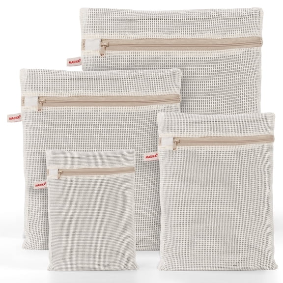 MADIKA 100% Cotton Mesh Laundry Bags, Premium Soft, No Dye, Set of 4, Natural