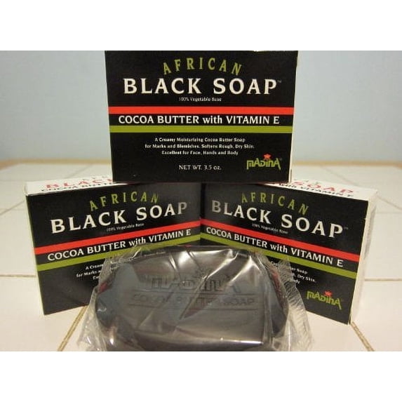 Madina African Black Soap SE33 Cocoa Butter with Vitamin E (Pack of 3) 3.5oz Each by Mayflower Wellness