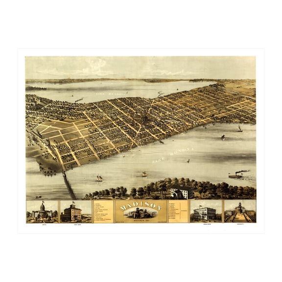 Madison Art, 1867 Vintage Map of Madison Wisconsin, WI History Wall Decor Gift, Old Madison Map - 24" x 18" Unframed Print