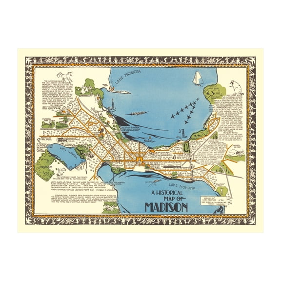 Madison Art, 1924 Vintage Map of Madison Wisconsin, WI History Wall Decor Gift, Old Madison Map - 36" x 24" Unframed Print