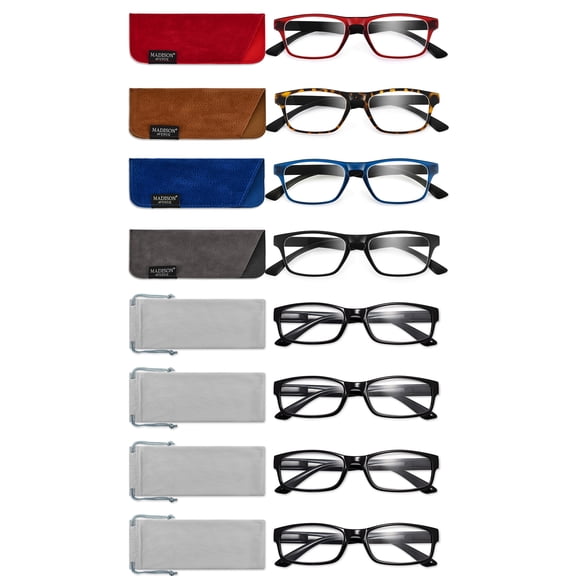 Madison Avenue 8 Pack Unisex Reading Glasses,Ultra Thin Rectangular Readers for Women/Men With Spring Hinges +1.00
