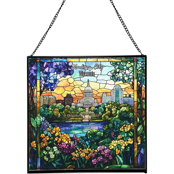 Madison City-Wisconsin Landmark Stained Glass Suncatcher, Square Window Hanging, Tiffany Style Home Decor, size 8in